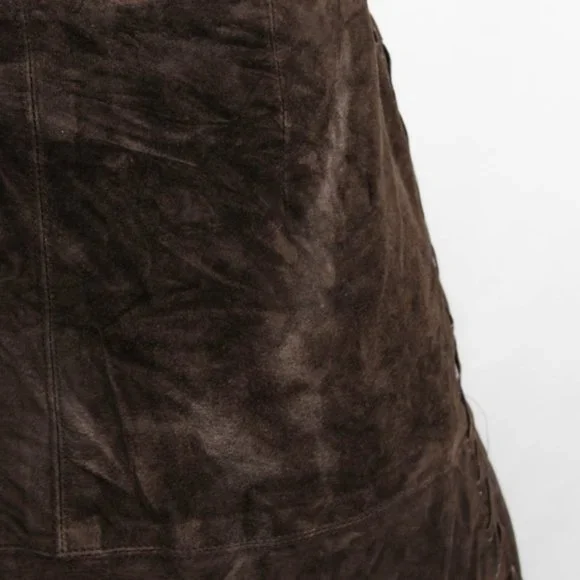 Vintage 1990s Chocolate Brown 100% Leather Sueded Skirt with Side Stitch - Picture 11 of 14